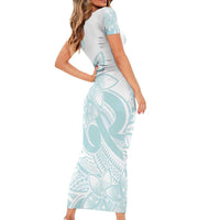 Polynesian Tribal Plumeria Lotu Tamaiti Family Matching Short Sleeve Bodycon Dress and Hawaiian Shirt Pastel Cyan LT9 - Polynesian Pride