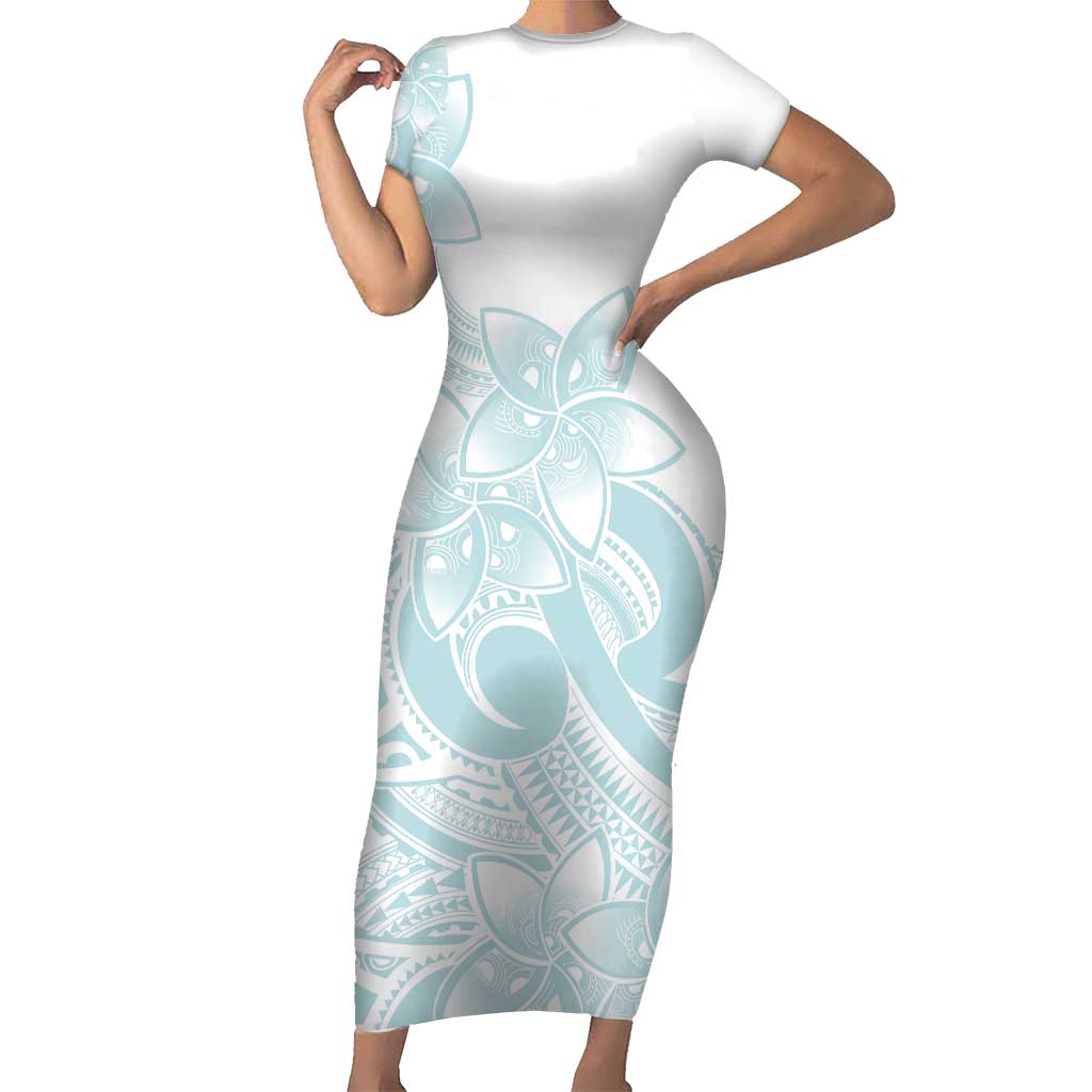 Polynesian Tribal Plumeria Lotu Tamaiti Short Sleeve Bodycon Dress Pastel Cyan LT9 Long Dress Cyan - Polynesian Pride