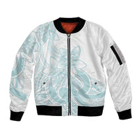 Polynesian Tribal Plumeria Lotu Tamaiti Sleeve Zip Bomber Jacket Pastel Cyan - Polynesian Pride