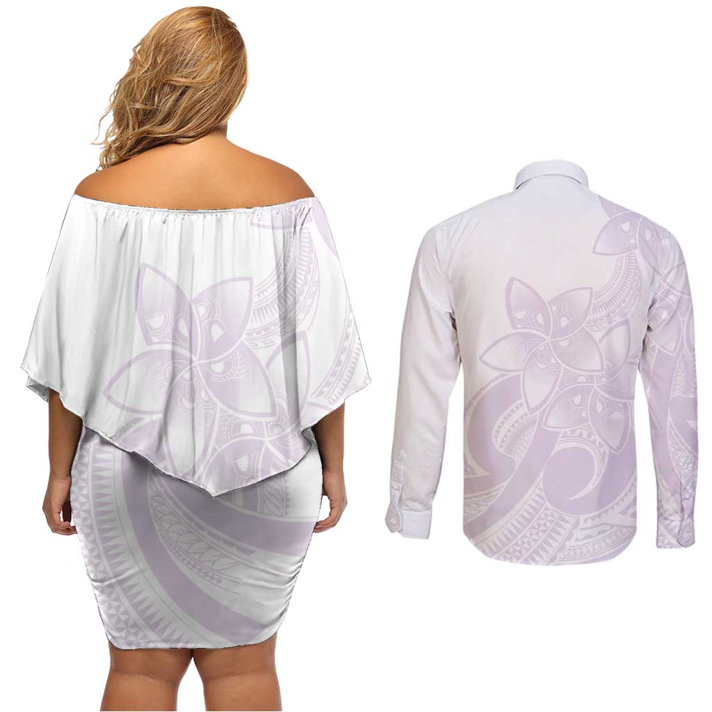 Polynesian Tribal Plumeria Lotu Tamaiti Couples Matching Off Shoulder Short Dress and Long Sleeve Button Shirt Pastel Mauve - Polynesian Pride