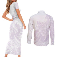 Polynesian Tribal Plumeria Lotu Tamaiti Couples Matching Short Sleeve Bodycon Dress and Long Sleeve Button Shirt Pastel Mauve - Polynesian Pride