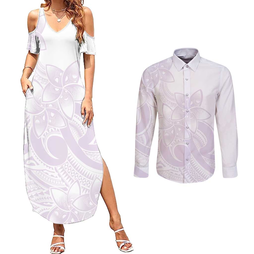 Polynesian Tribal Plumeria Lotu Tamaiti Couples Matching Summer Maxi Dress and Long Sleeve Button Shirt Pastel Mauve - Polynesian Pride