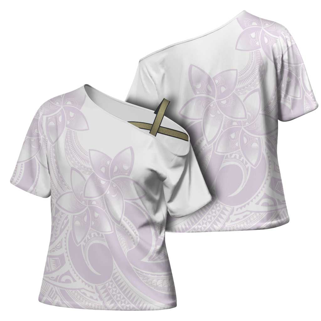Polynesian Tribal Plumeria Lotu Tamaiti Cross Shoulder Shirt Pastel Mauve - Polynesian Pride