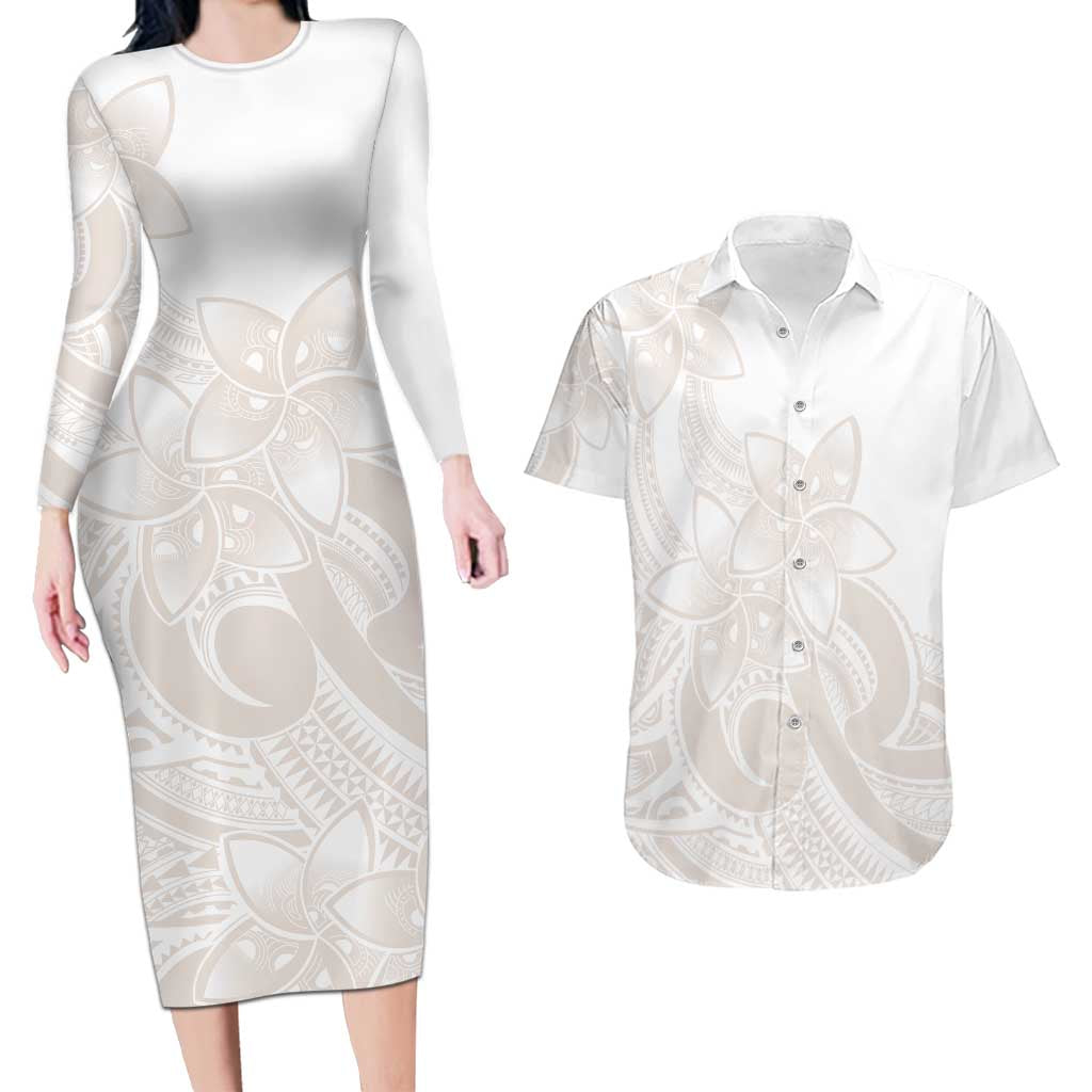 Polynesian Tribal Plumeria Lotu Tamaiti Couples Matching Long Sleeve Bodycon Dress and Hawaiian Shirt Pastel Nude - Polynesian Pride