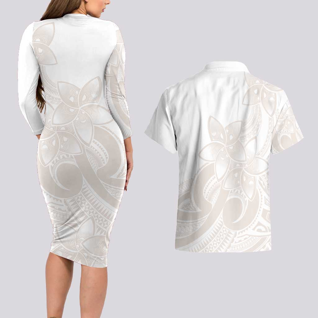 Polynesian Tribal Plumeria Lotu Tamaiti Couples Matching Long Sleeve Bodycon Dress and Hawaiian Shirt Pastel Nude - Polynesian Pride