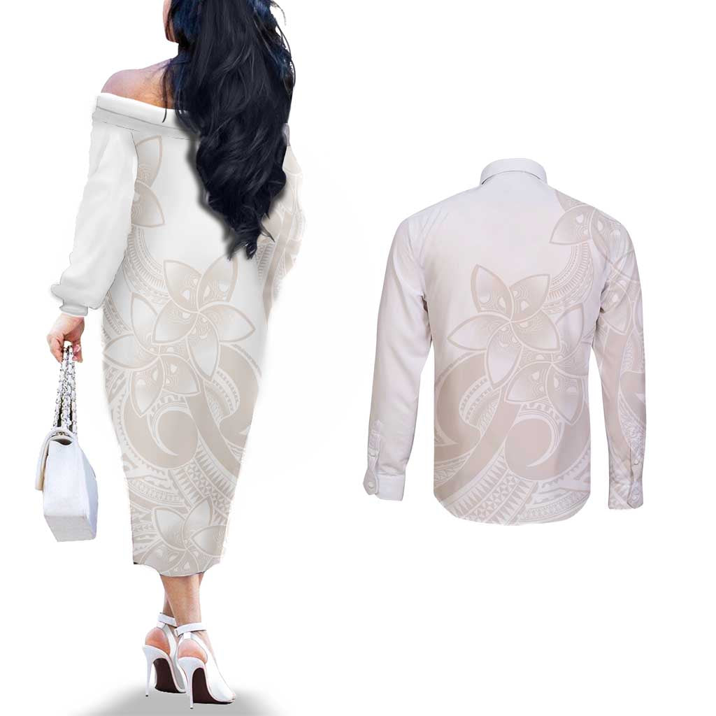 Polynesian Tribal Plumeria Lotu Tamaiti Couples Matching Off The Shoulder Long Sleeve Dress and Long Sleeve Button Shirt Pastel Nude - Polynesian Pride