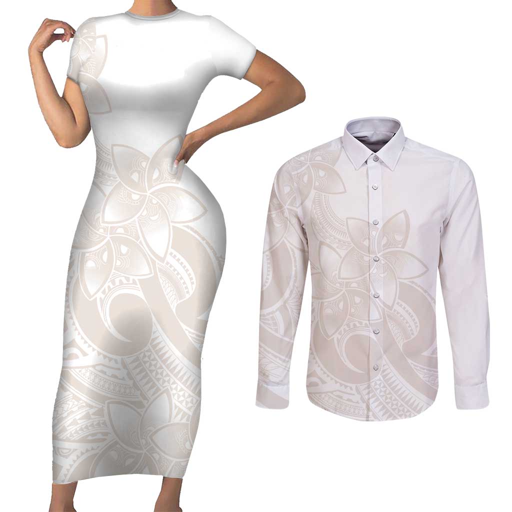 Polynesian Tribal Plumeria Lotu Tamaiti Couples Matching Short Sleeve Bodycon Dress and Long Sleeve Button Shirt Pastel Nude - Polynesian Pride