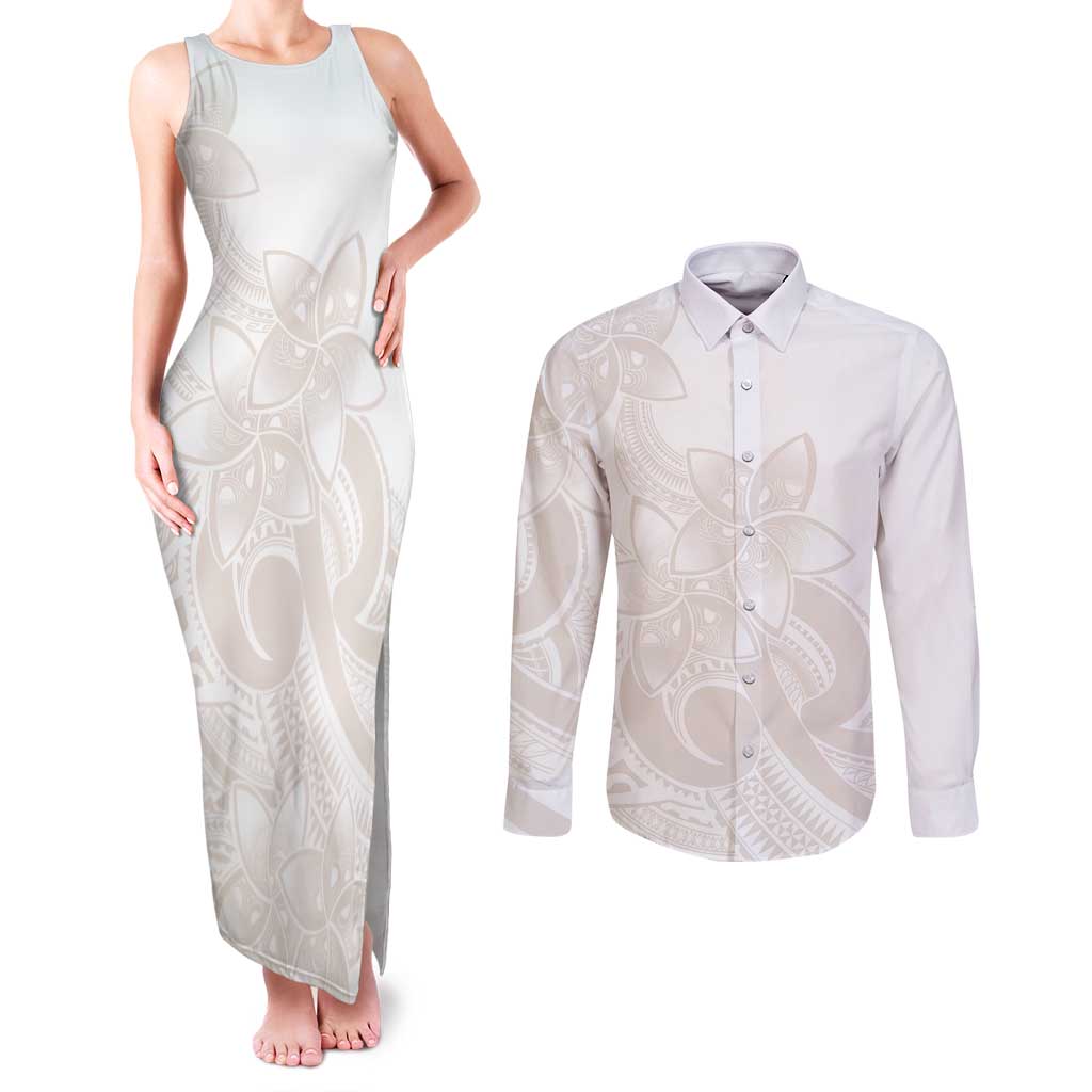 Polynesian Tribal Plumeria Lotu Tamaiti Couples Matching Tank Maxi Dress and Long Sleeve Button Shirt Pastel Nude - Polynesian Pride