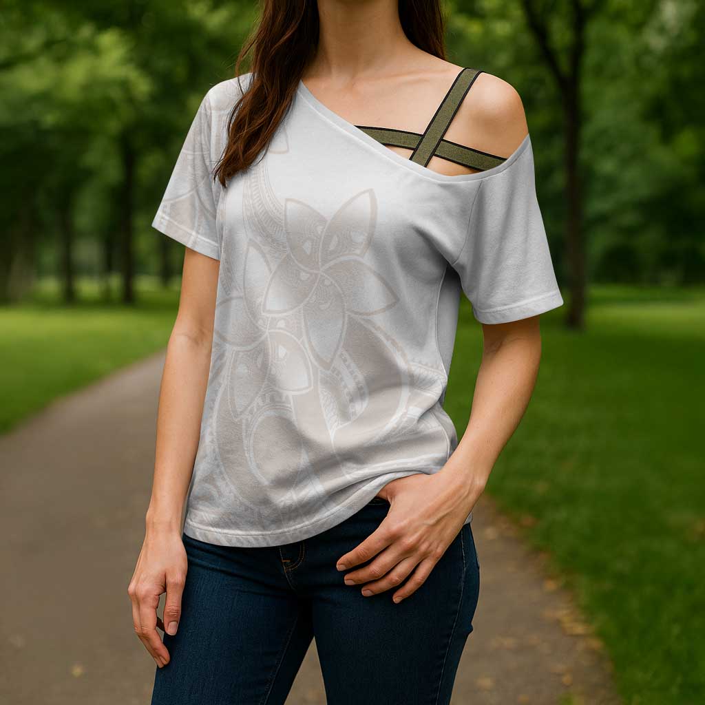 Polynesian Tribal Plumeria Lotu Tamaiti Cross Shoulder Shirt Pastel Nude - Polynesian Pride