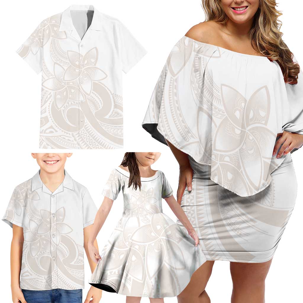 Polynesian Tribal Plumeria Lotu Tamaiti Family Matching Off Shoulder Short Dress and Hawaiian Shirt Pastel Nude - Polynesian Pride
