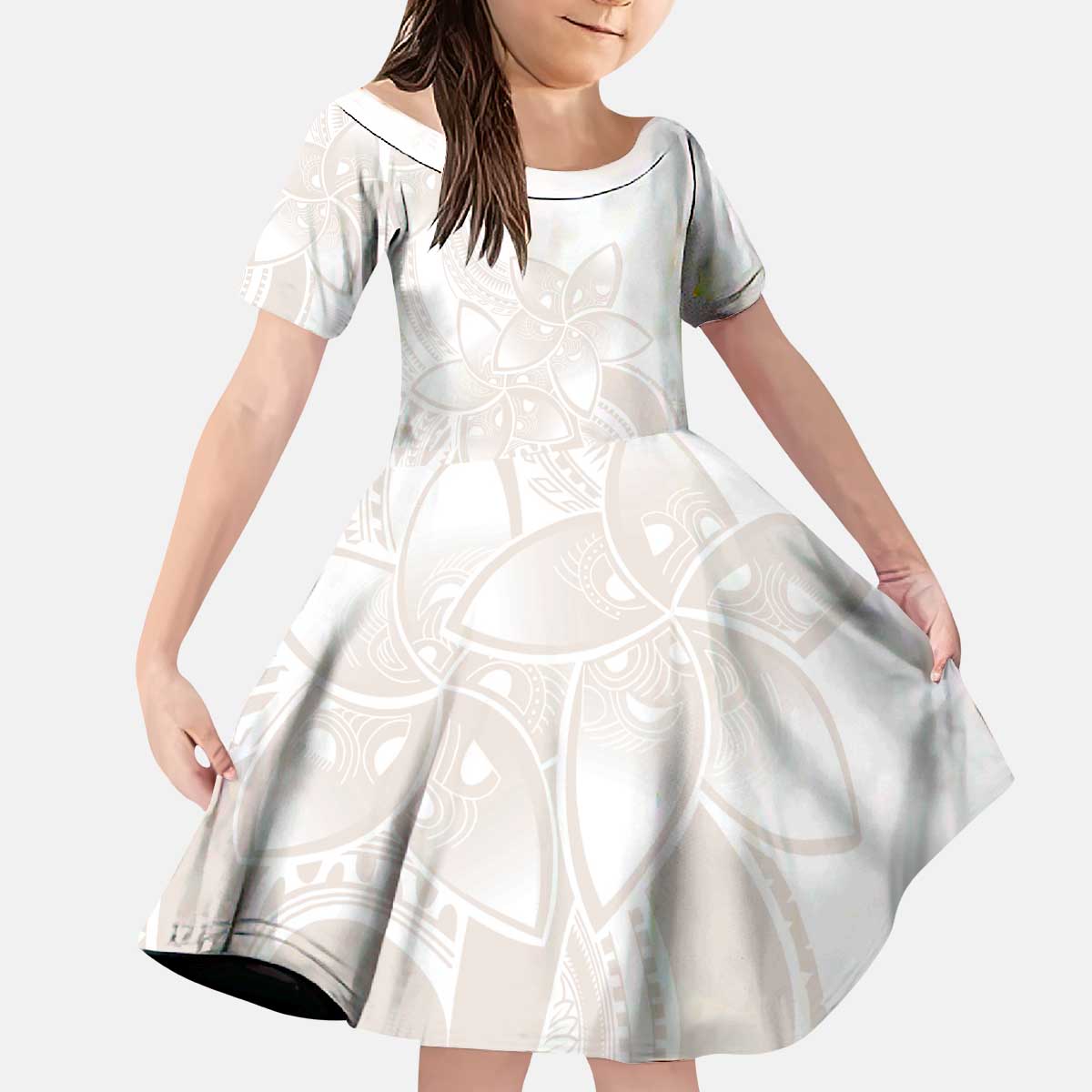 Polynesian Tribal Plumeria Lotu Tamaiti Kid Short Sleeve Dress Pastel Nude - Polynesian Pride