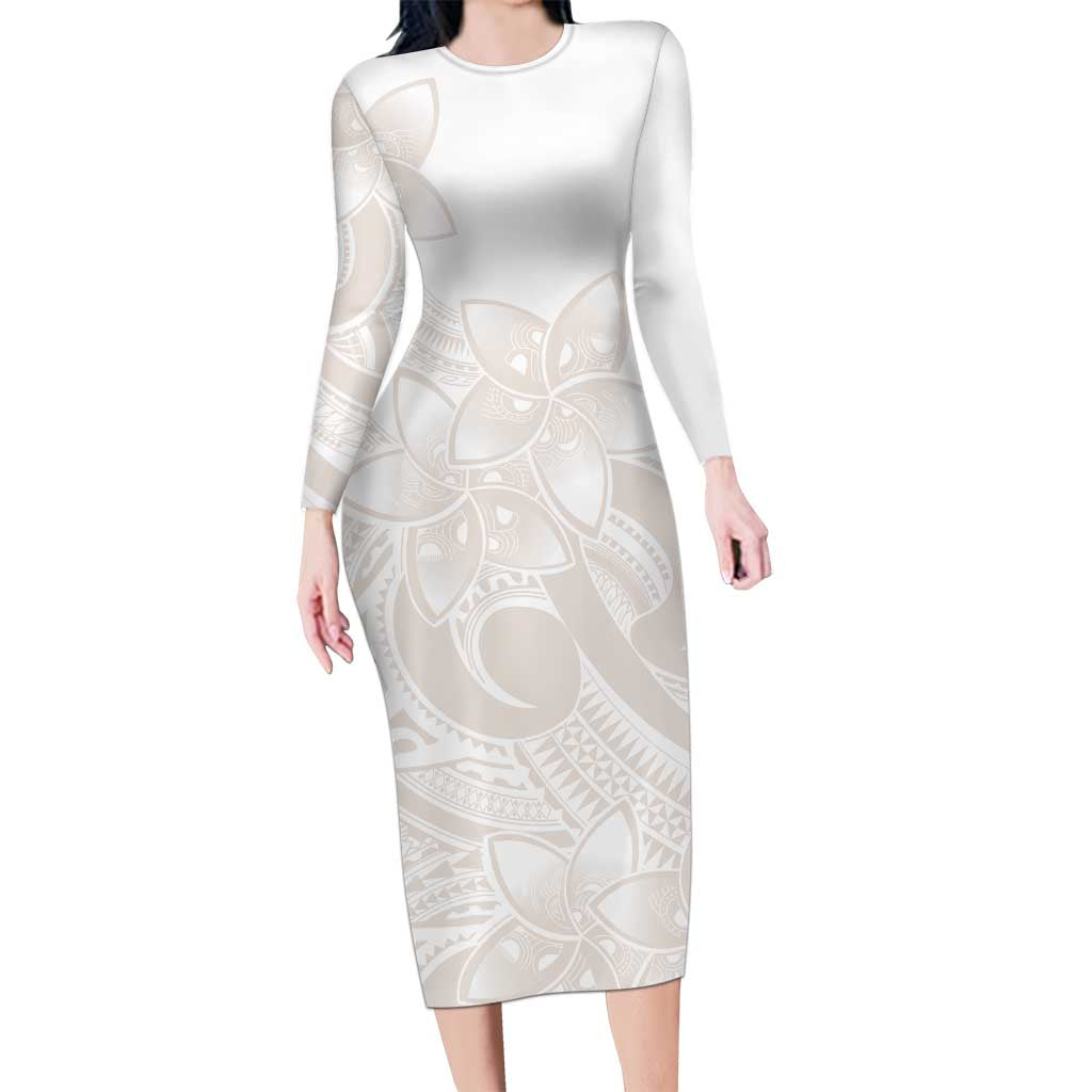 Polynesian Tribal Plumeria Lotu Tamaiti Long Sleeve Bodycon Dress Pastel Nude - Polynesian Pride