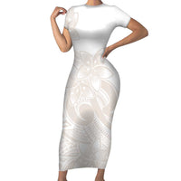 Polynesian Tribal Plumeria Lotu Tamaiti Short Sleeve Bodycon Dress Pastel Nude LT9 Long Dress Nude - Polynesian Pride