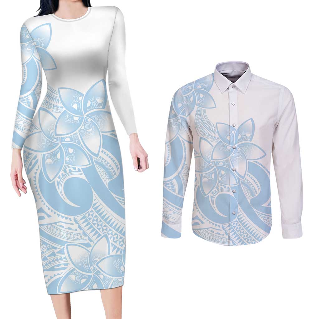 Polynesian Tribal Plumeria Lotu Tamaiti Couples Matching Long Sleeve Bodycon Dress and Long Sleeve Button Shirt Pastel Sky Blue - Polynesian Pride