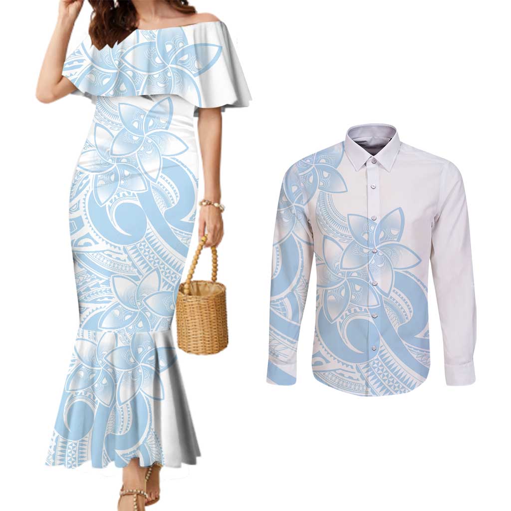 Polynesian Tribal Plumeria Lotu Tamaiti Couples Matching Mermaid Dress and Long Sleeve Button Shirt Pastel Sky Blue - Polynesian Pride