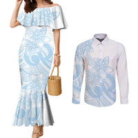 Polynesian Tribal Plumeria Lotu Tamaiti Couples Matching Mermaid Dress and Long Sleeve Button Shirt Pastel Sky Blue - Polynesian Pride
