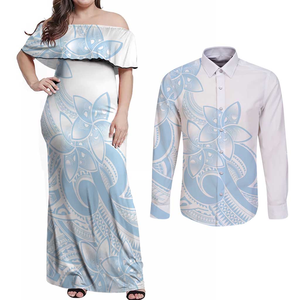 Polynesian Tribal Plumeria Lotu Tamaiti Couples Matching Off Shoulder Maxi Dress and Long Sleeve Button Shirt Pastel Sky Blue - Polynesian Pride