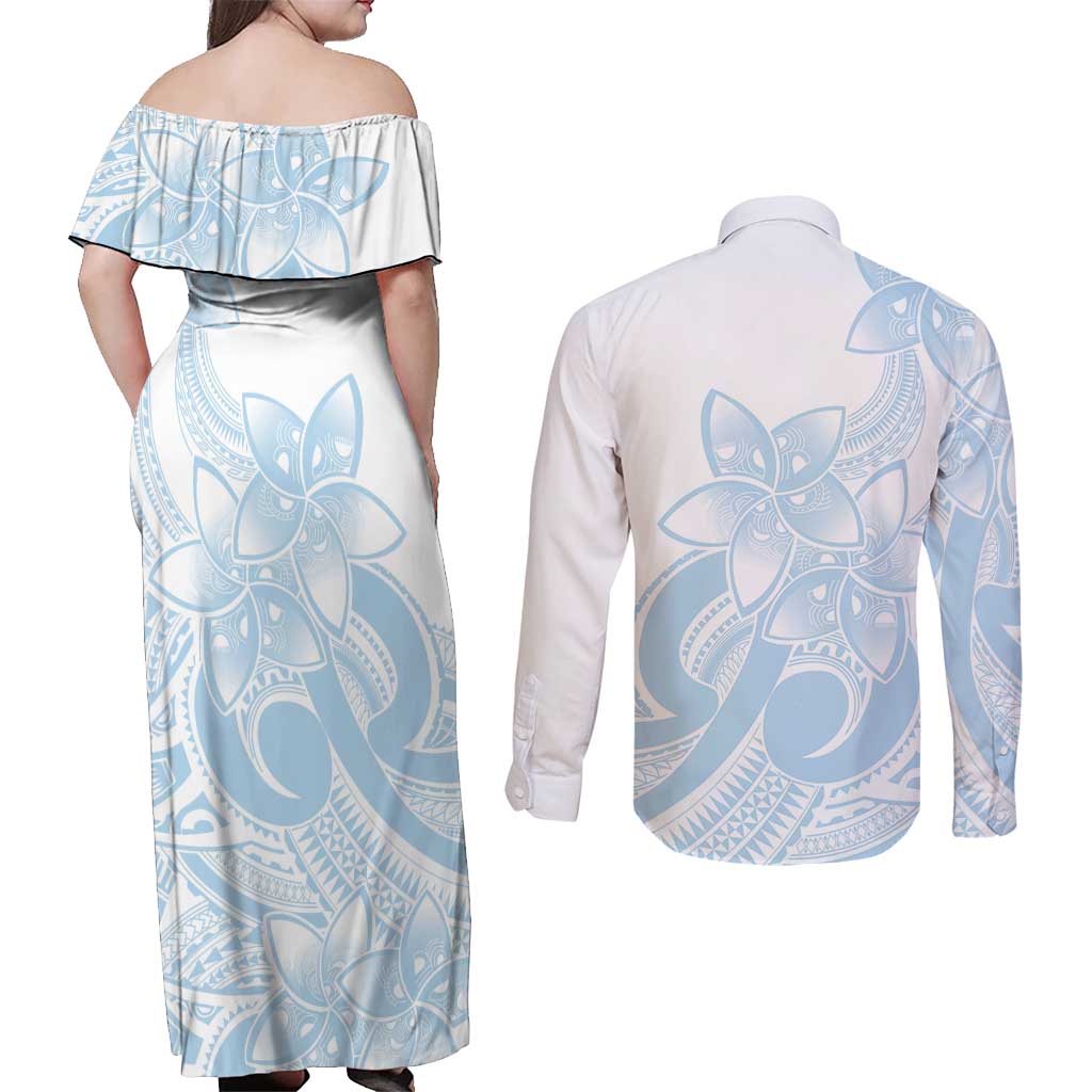 Polynesian Tribal Plumeria Lotu Tamaiti Couples Matching Off Shoulder Maxi Dress and Long Sleeve Button Shirt Pastel Sky Blue - Polynesian Pride