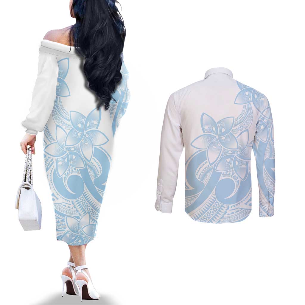 Polynesian Tribal Plumeria Lotu Tamaiti Couples Matching Off The Shoulder Long Sleeve Dress and Long Sleeve Button Shirt Pastel Sky Blue - Polynesian Pride