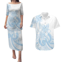 Polynesian Tribal Plumeria Lotu Tamaiti Couples Matching Puletasi and Hawaiian Shirt Pastel Sky Blue - Polynesian Pride