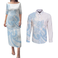 Polynesian Tribal Plumeria Lotu Tamaiti Couples Matching Puletasi and Long Sleeve Button Shirt Pastel Sky Blue - Polynesian Pride