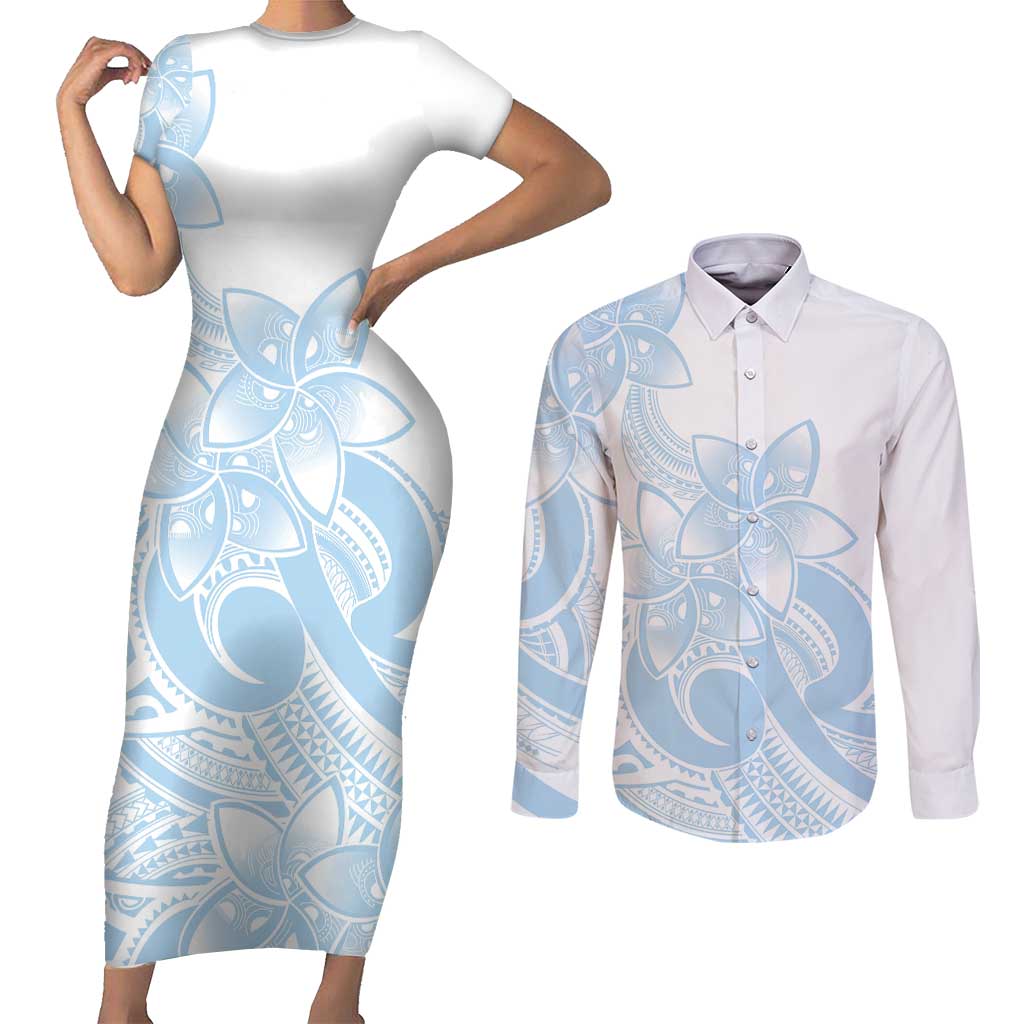 Polynesian Tribal Plumeria Lotu Tamaiti Couples Matching Short Sleeve Bodycon Dress and Long Sleeve Button Shirt Pastel Sky Blue - Polynesian Pride