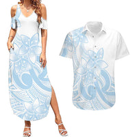 Polynesian Tribal Plumeria Lotu Tamaiti Couples Matching Summer Maxi Dress and Hawaiian Shirt Pastel Sky Blue - Polynesian Pride