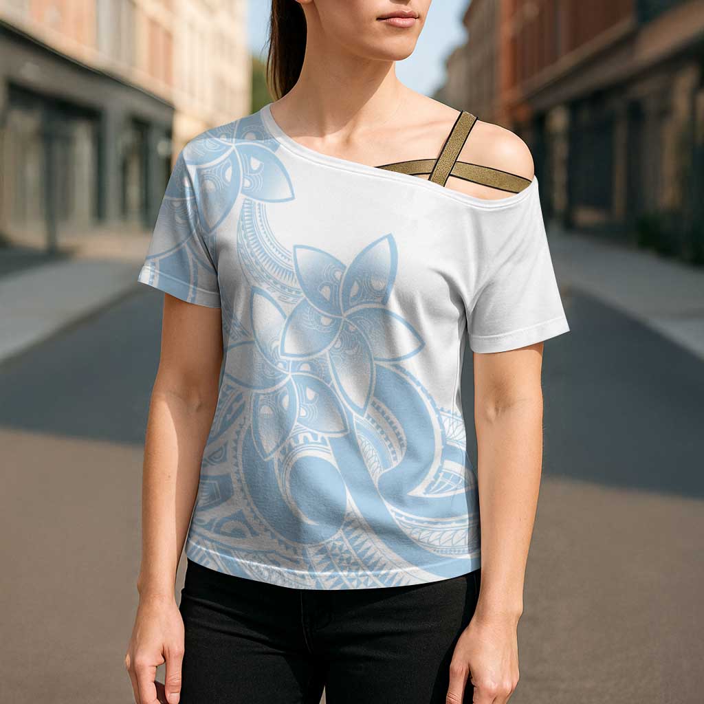 Polynesian Tribal Plumeria Lotu Tamaiti Cross Shoulder Shirt Pastel Sky Blue - Polynesian Pride