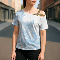 Polynesian Tribal Plumeria Lotu Tamaiti Cross Shoulder Shirt Pastel Sky Blue - Polynesian Pride