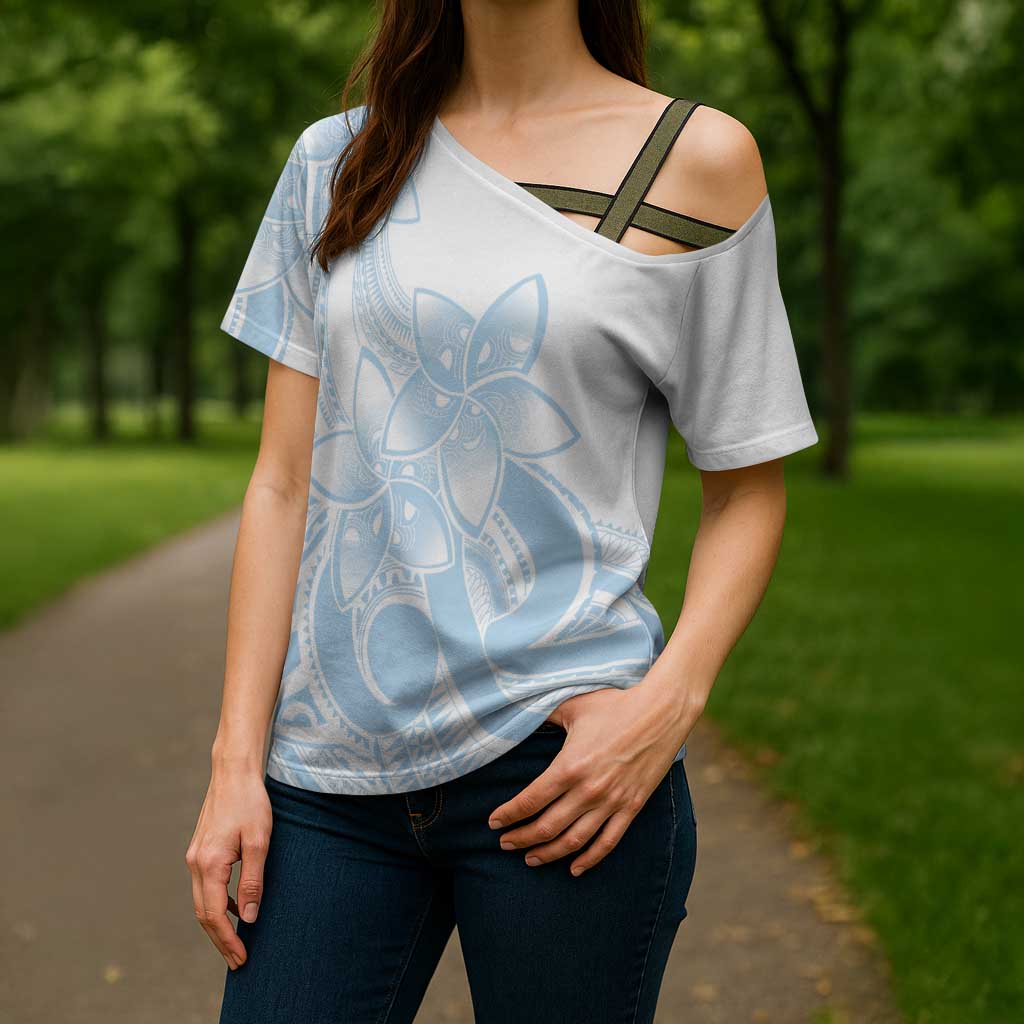 Polynesian Tribal Plumeria Lotu Tamaiti Cross Shoulder Shirt Pastel Sky Blue - Polynesian Pride