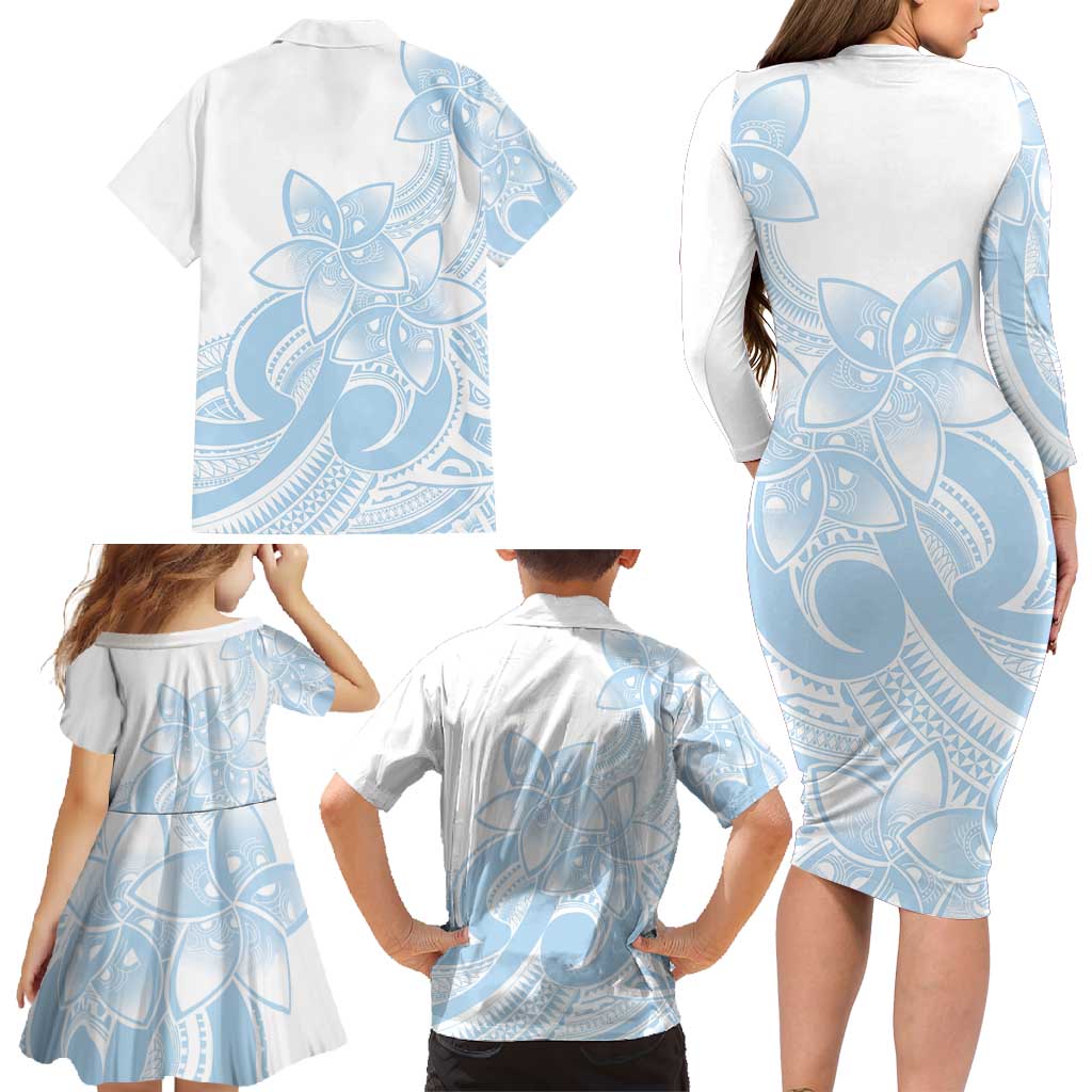 Polynesian Tribal Plumeria Lotu Tamaiti Family Matching Long Sleeve Bodycon Dress and Hawaiian Shirt Pastel Sky Blue LT9 - Polynesian Pride