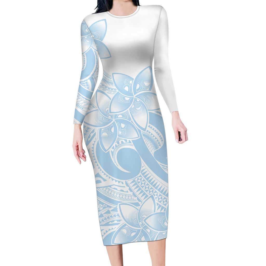 Polynesian Tribal Plumeria Lotu Tamaiti Family Matching Long Sleeve Bodycon Dress and Hawaiian Shirt Pastel Sky Blue LT9 Mom's Dress Blue - Polynesian Pride