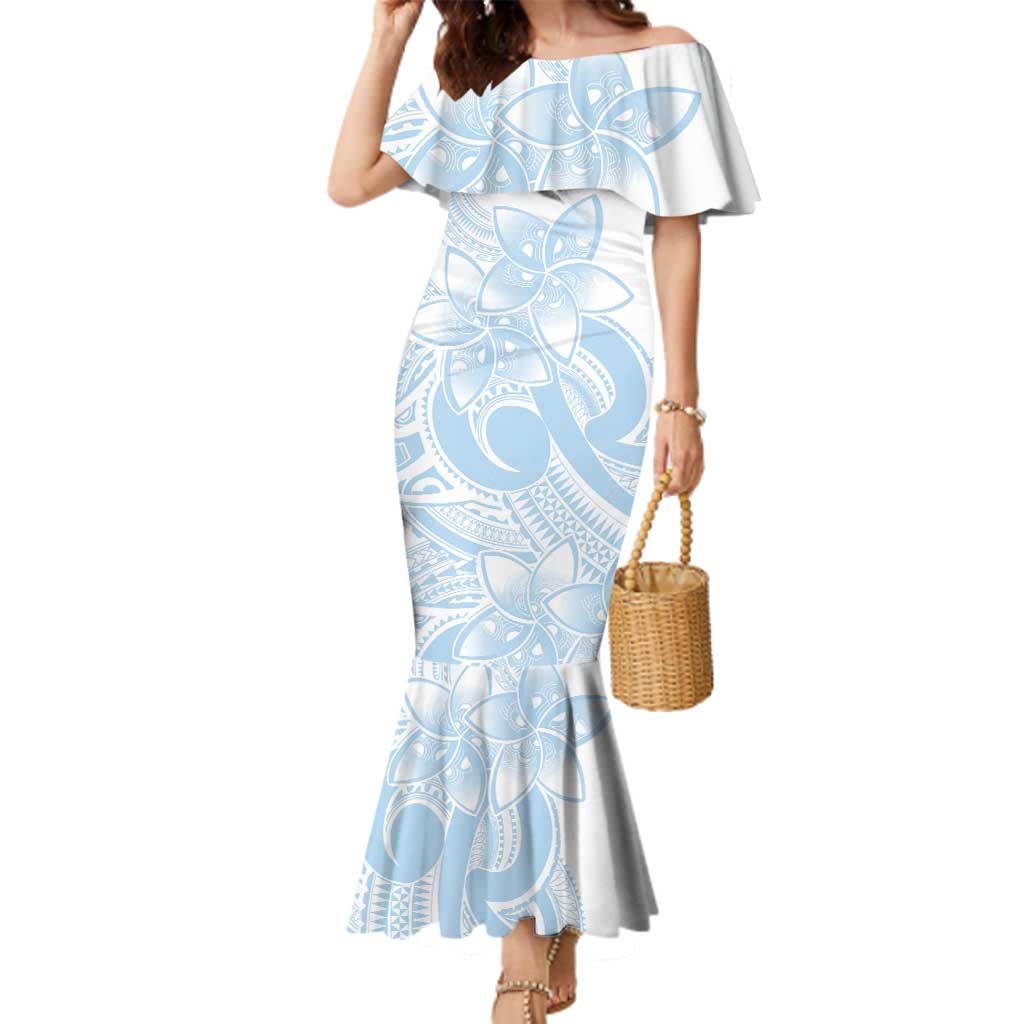 Polynesian Tribal Plumeria Lotu Tamaiti Family Matching Mermaid Dress and Hawaiian Shirt Pastel Sky Blue LT9 Mom's Dress Blue - Polynesian Pride