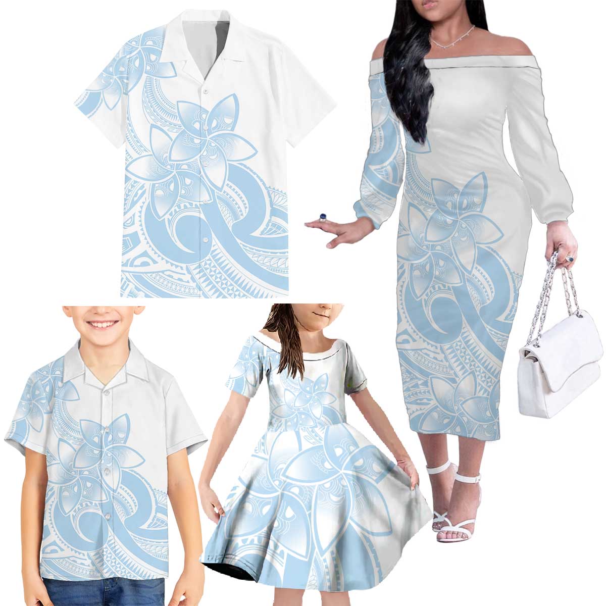 Polynesian Tribal Plumeria Lotu Tamaiti Family Matching Off The Shoulder Long Sleeve Dress and Hawaiian Shirt Pastel Sky Blue - Polynesian Pride