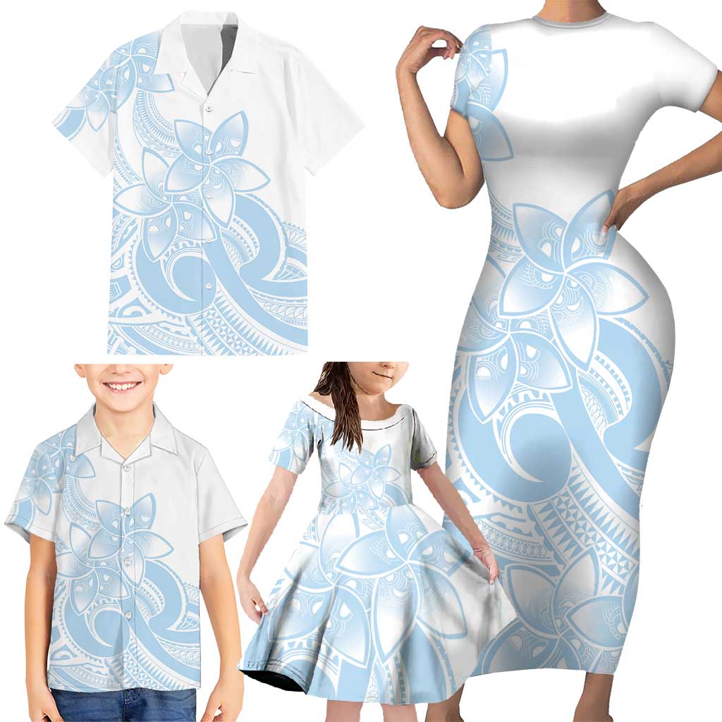 Polynesian Tribal Plumeria Lotu Tamaiti Family Matching Short Sleeve Bodycon Dress and Hawaiian Shirt Pastel Sky Blue LT9 - Polynesian Pride