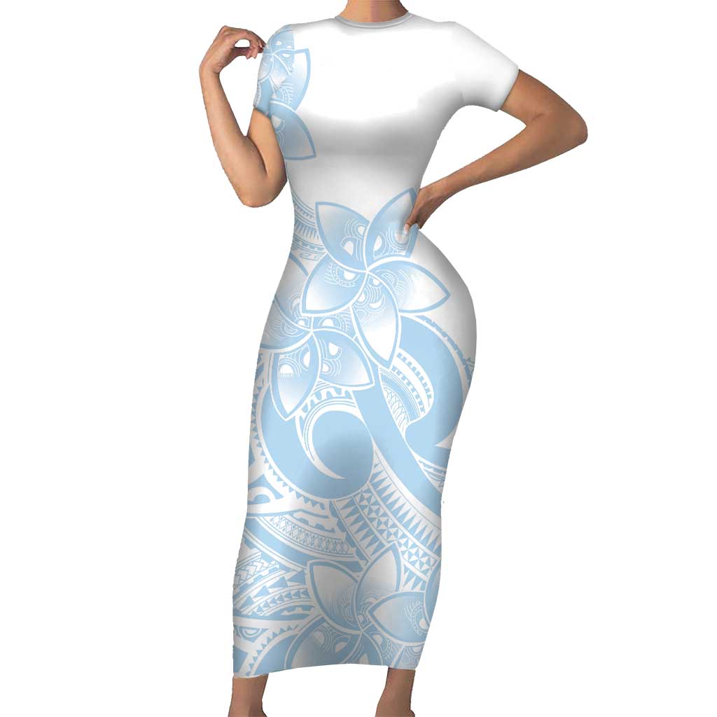 Polynesian Tribal Plumeria Lotu Tamaiti Family Matching Short Sleeve Bodycon Dress and Hawaiian Shirt Pastel Sky Blue LT9 Mom's Dress Blue - Polynesian Pride
