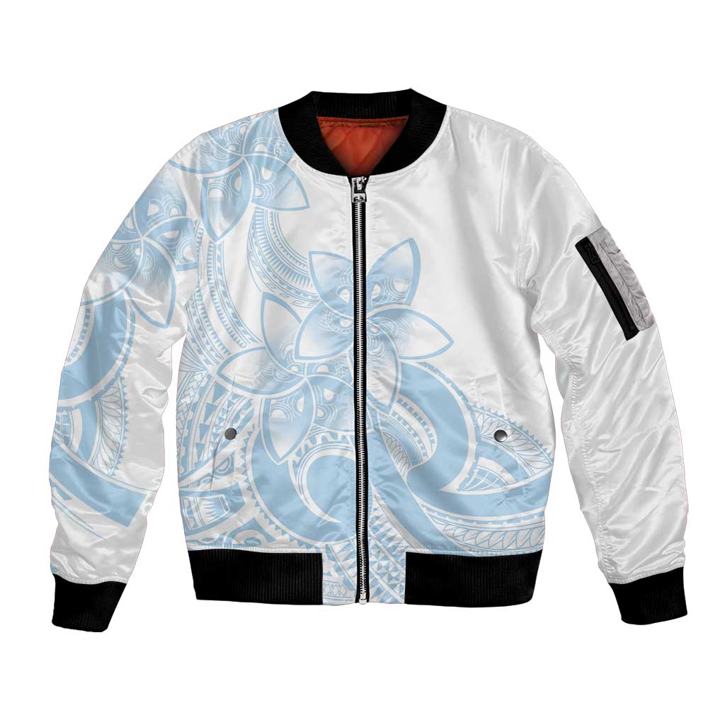 Polynesian Tribal Plumeria Lotu Tamaiti Sleeve Zip Bomber Jacket Pastel Sky Blue - Polynesian Pride