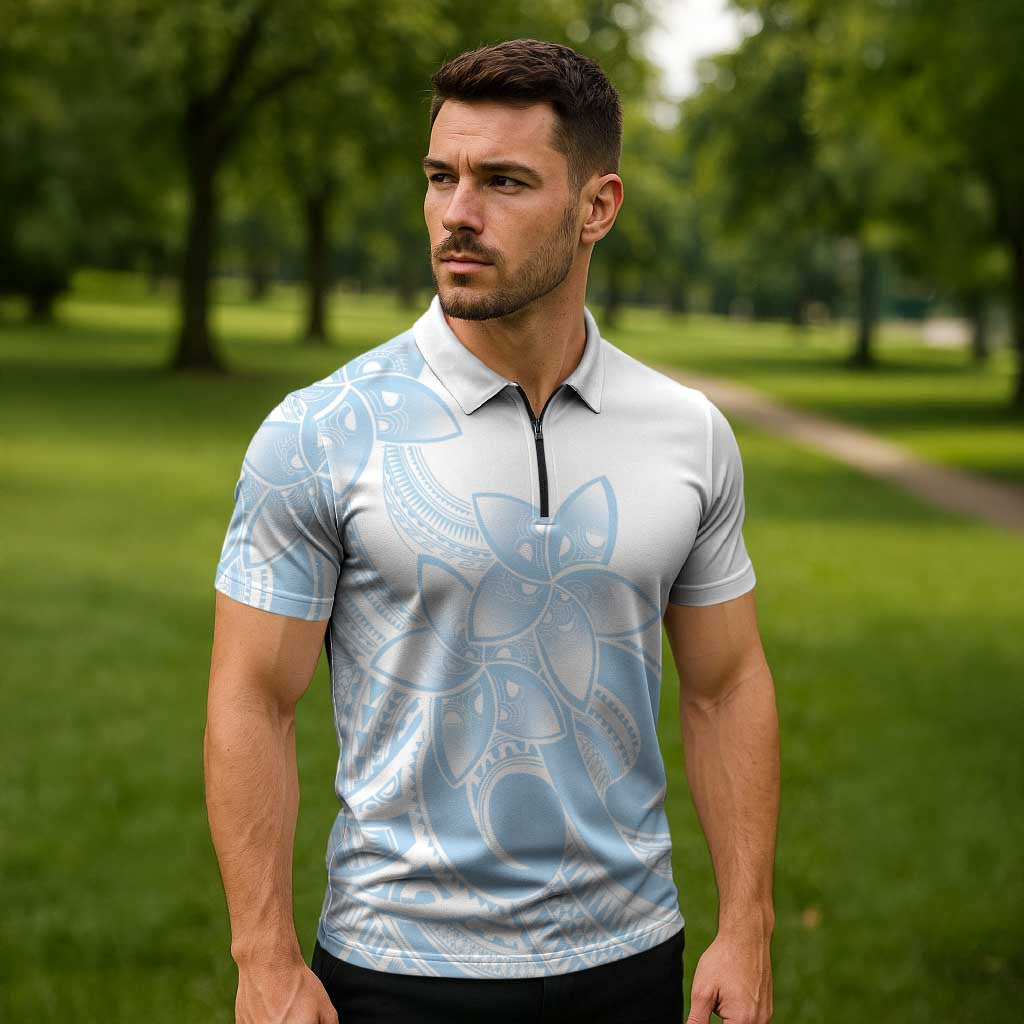 Polynesian Tribal Plumeria Lotu Tamaiti Zipper Polo Shirt Pastel Sky Blue - Polynesian Pride