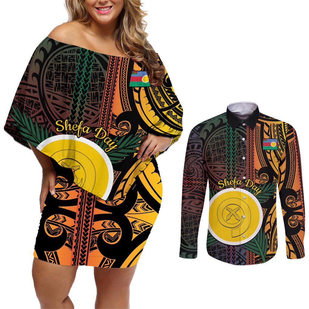 Personalised Shefa Day Couples Matching Off Shoulder Short Dress and Long Sleeve Button Shirt Happy June 18 Vanuatu Province LT14 Black - Polynesian Pride