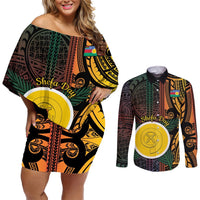 Personalised Shefa Day Couples Matching Off Shoulder Short Dress and Long Sleeve Button Shirt Happy June 18 Vanuatu Province LT14 Black - Polynesian Pride