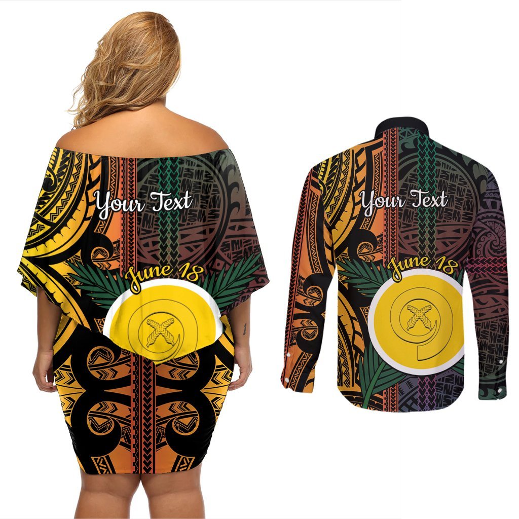 Personalised Shefa Day Couples Matching Off Shoulder Short Dress and Long Sleeve Button Shirt Happy June 18 Vanuatu Province LT14 - Polynesian Pride