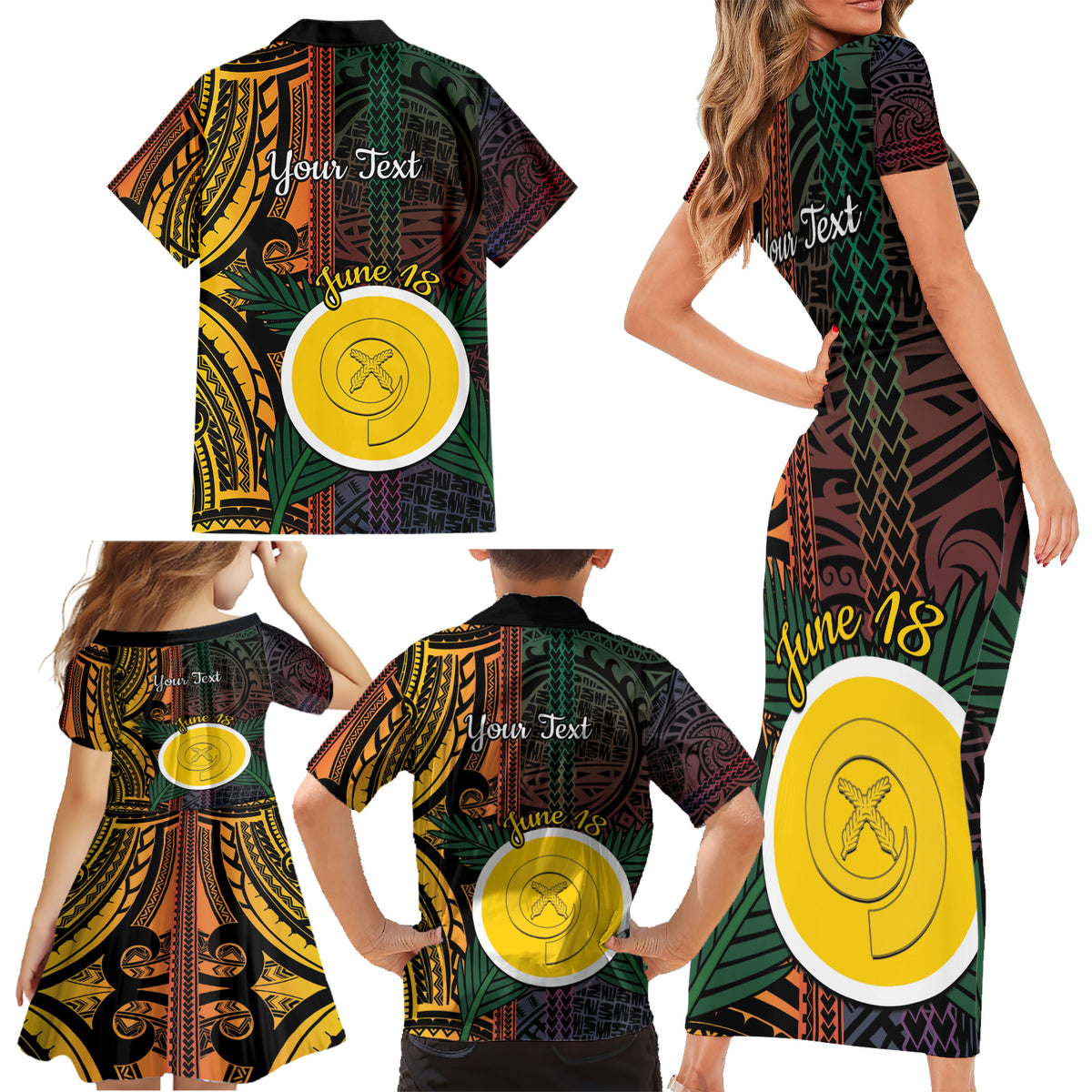 Personalised Shefa Day Family Matching Short Sleeve Bodycon Dress and Hawaiian Shirt Happy June 18 Vanuatu Province LT14 - Polynesian Pride