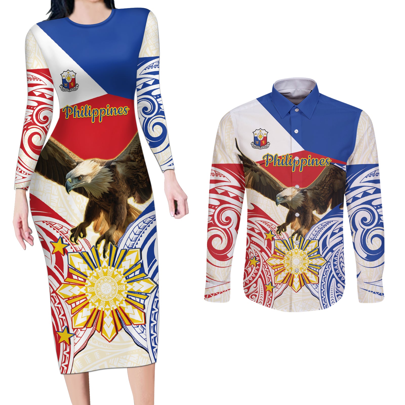 Philippines Independence Day Couples Matching Long Sleeve Bodycon Dress and Long Sleeve Button Shirt Pilipinas Eagle 126th Anniversary