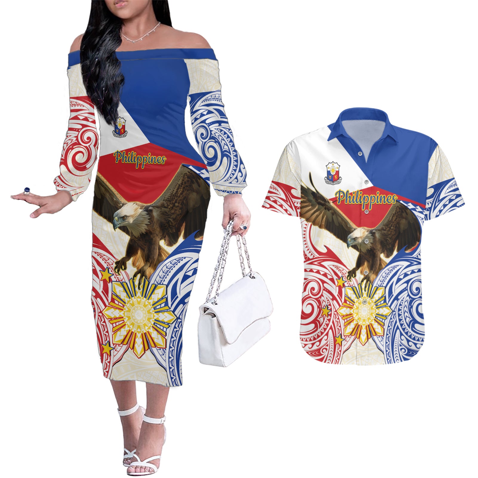 Philippines Independence Day Couples Matching Off The Shoulder Long Sleeve Dress and Hawaiian Shirt Pilipinas Eagle 126th Anniversary