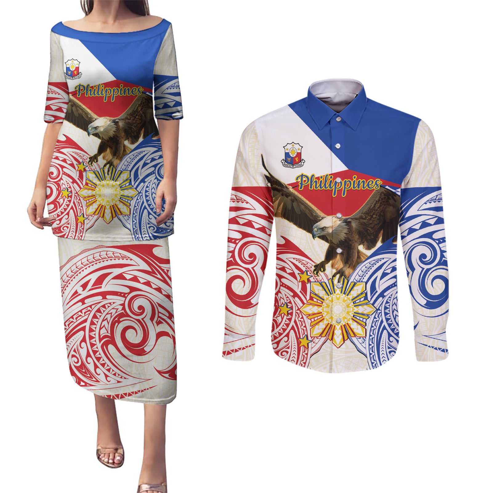 Philippines Independence Day Couples Matching Puletasi and Long Sleeve Button Shirt Pilipinas Eagle 126th Anniversary