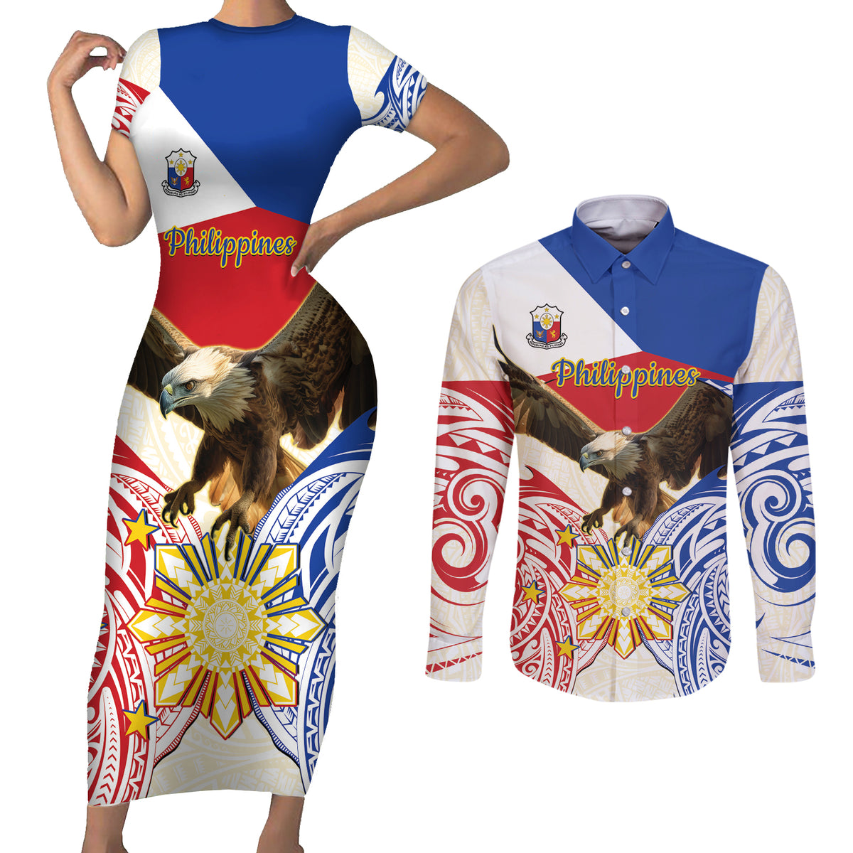 Philippines Independence Day Couples Matching Short Sleeve Bodycon Dress and Long Sleeve Button Shirt Pilipinas Eagle 126th Anniversary