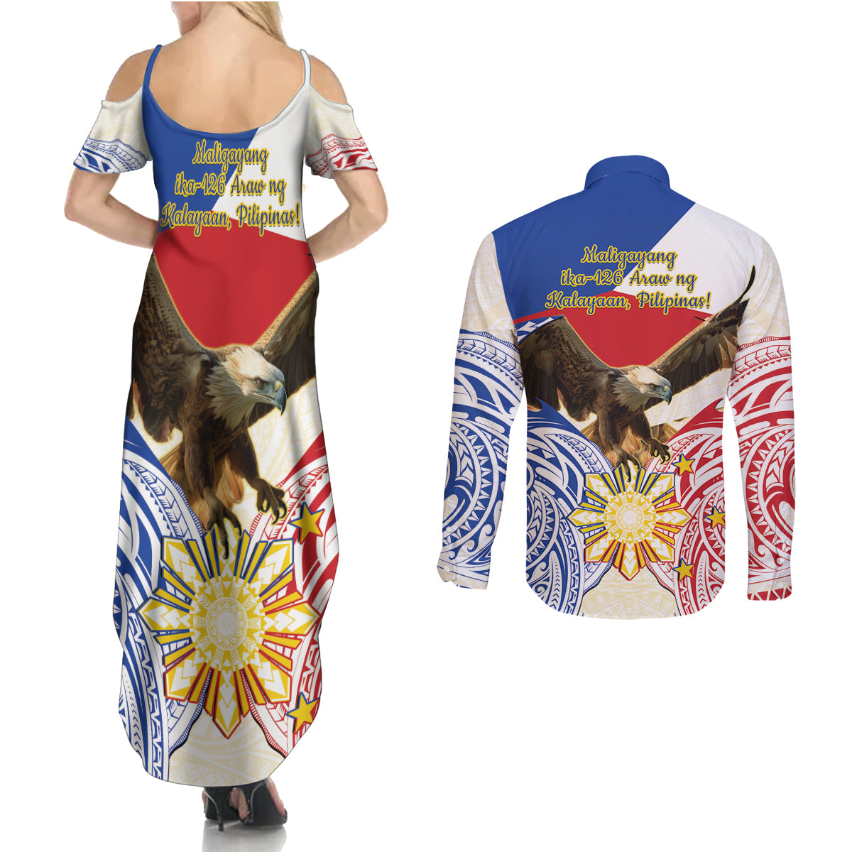 Philippines Independence Day Couples Matching Summer Maxi Dress and Long Sleeve Button Shirt Pilipinas Eagle 126th Anniversary
