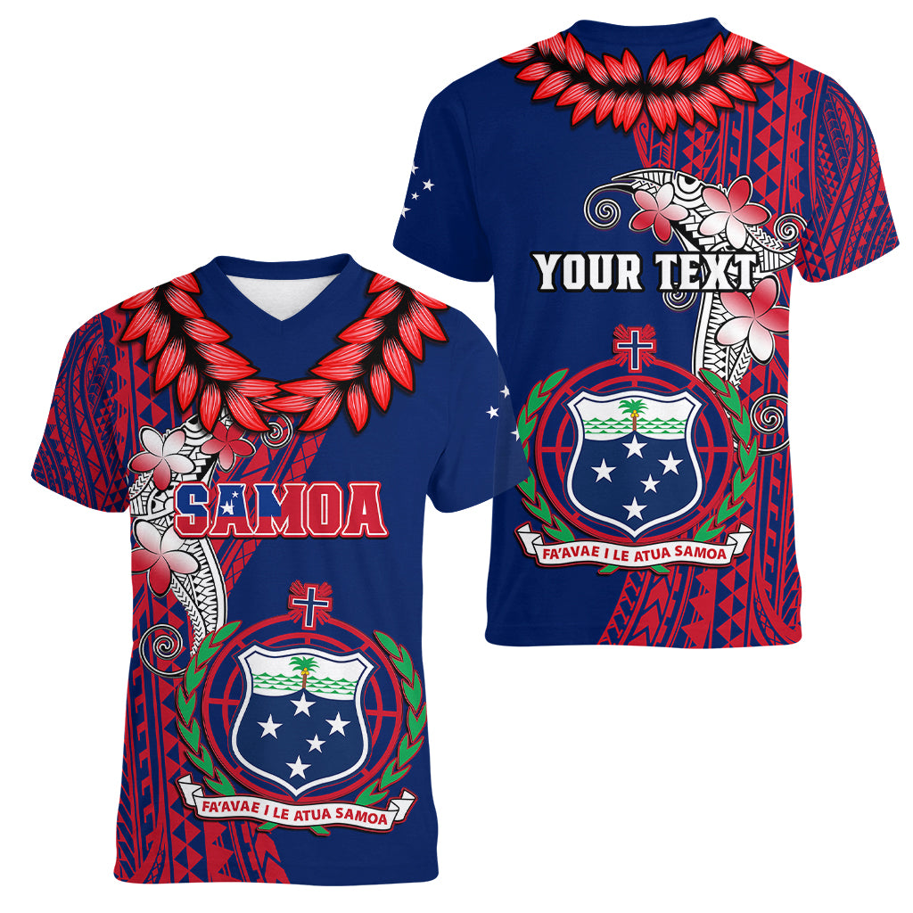 Personalised Samoa Women V Neck T Shirt Ula Fala Mix Samoan Tribal Blue Version LT14 - Polynesian Pride
