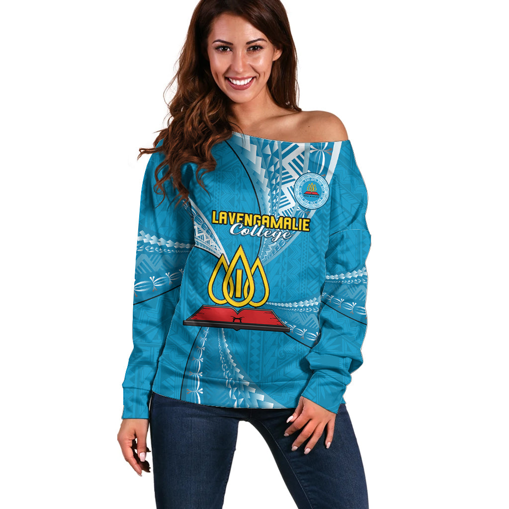 Personalised Tonga Lavengamalie College Off Shoulder Sweater Tongan Ngatu Pattern LT14 Women Blue - Polynesian Pride