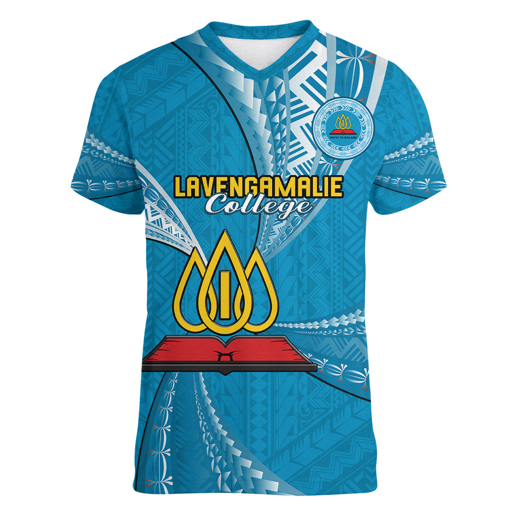 Personalised Tonga Lavengamalie College Women V Neck T Shirt Tongan Ngatu Pattern LT14 Female Blue - Polynesian Pride